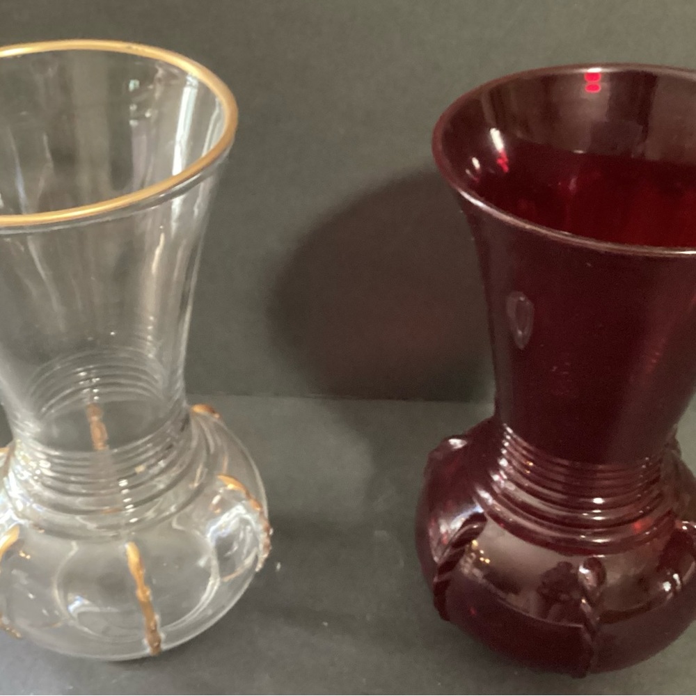 Vintage New Martinsville 10” Vases-Red & Gold Trimmed Crystal